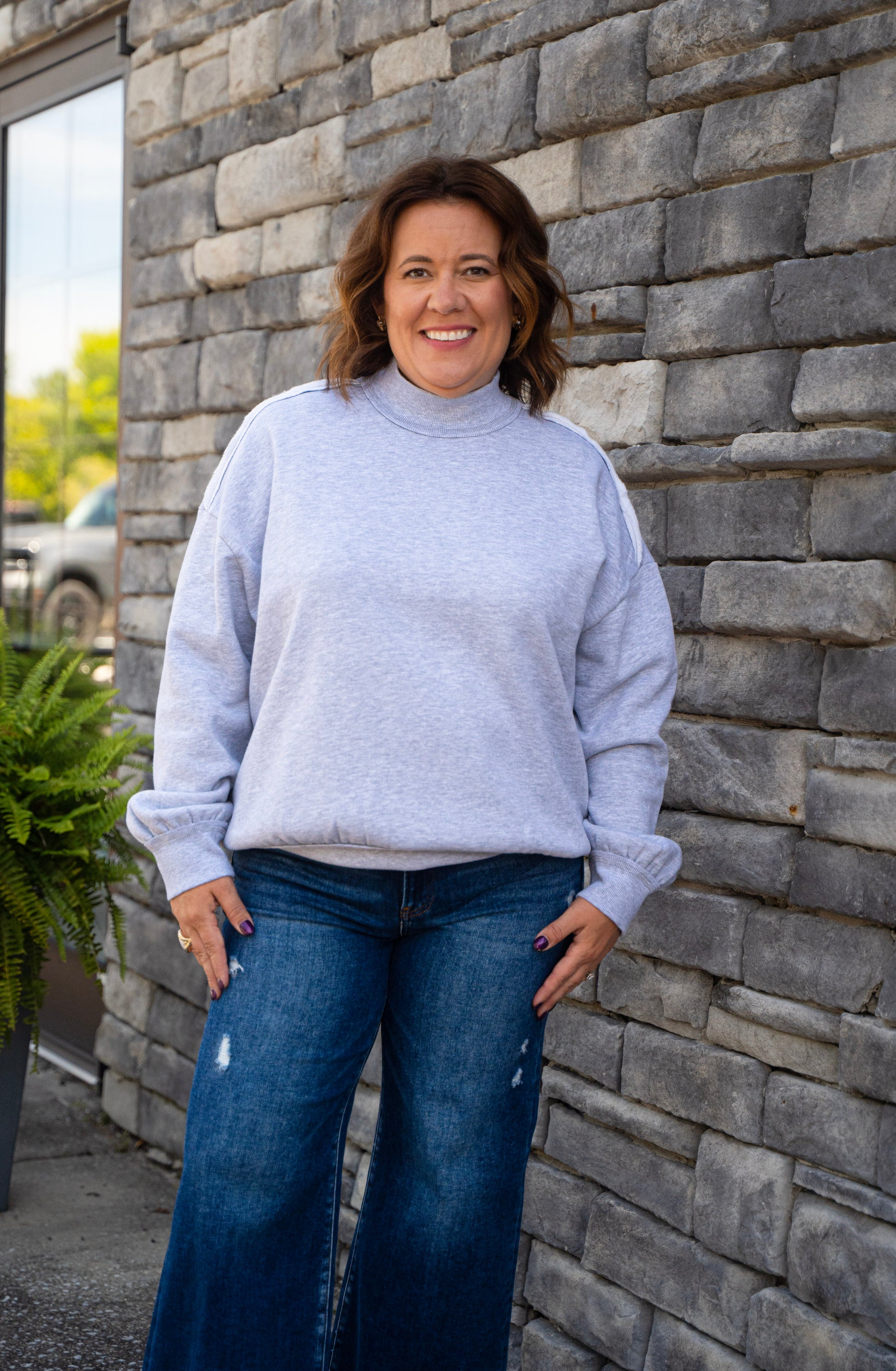 mock neck, grey sweat shirt, fall fashion