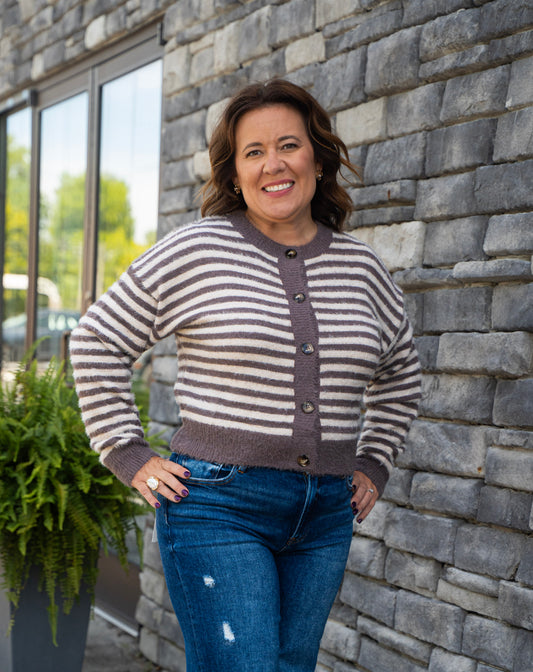 fuzzy cardigan striped sweater 