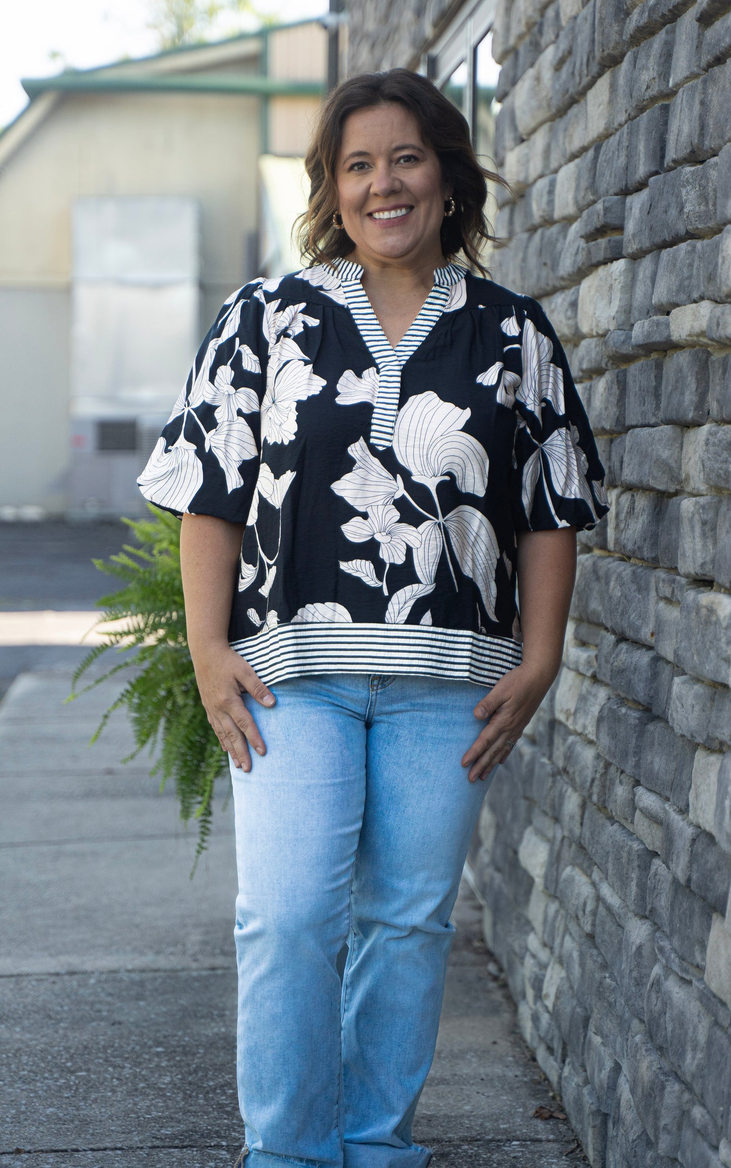 Midnight Magnolia Embroidered Puff Sleeve Blouse