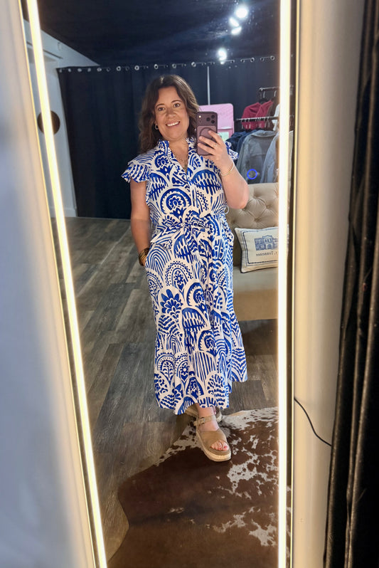 Blue and white coastal midi dress with ruffle sleeves and tie waist