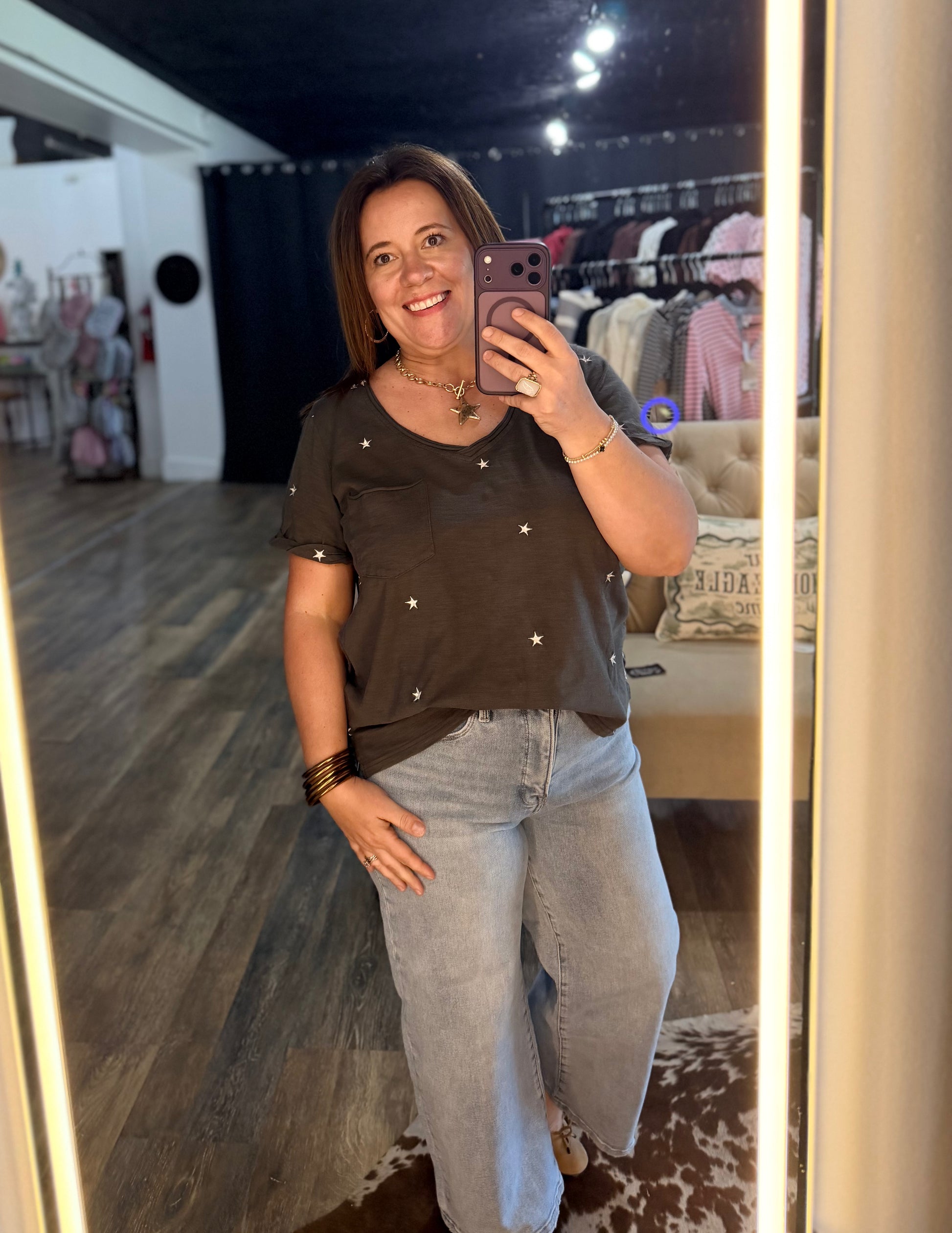 Grey vneck tee with stars
