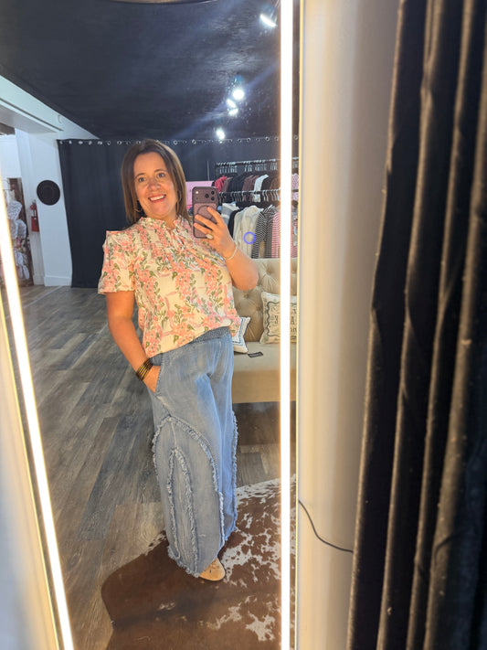 Chambray Fringe Wide Leg Pants