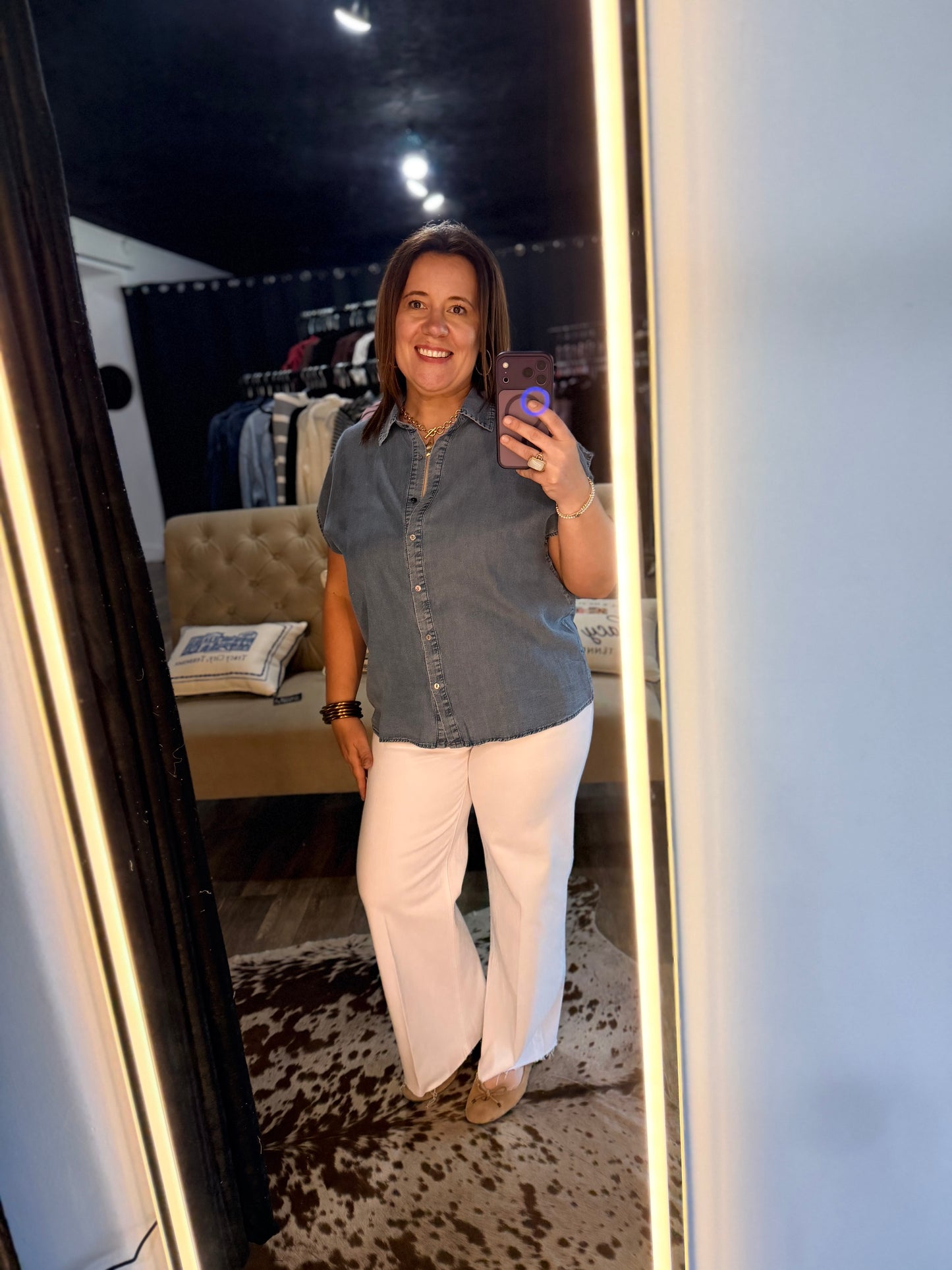 Chambray collared button down top