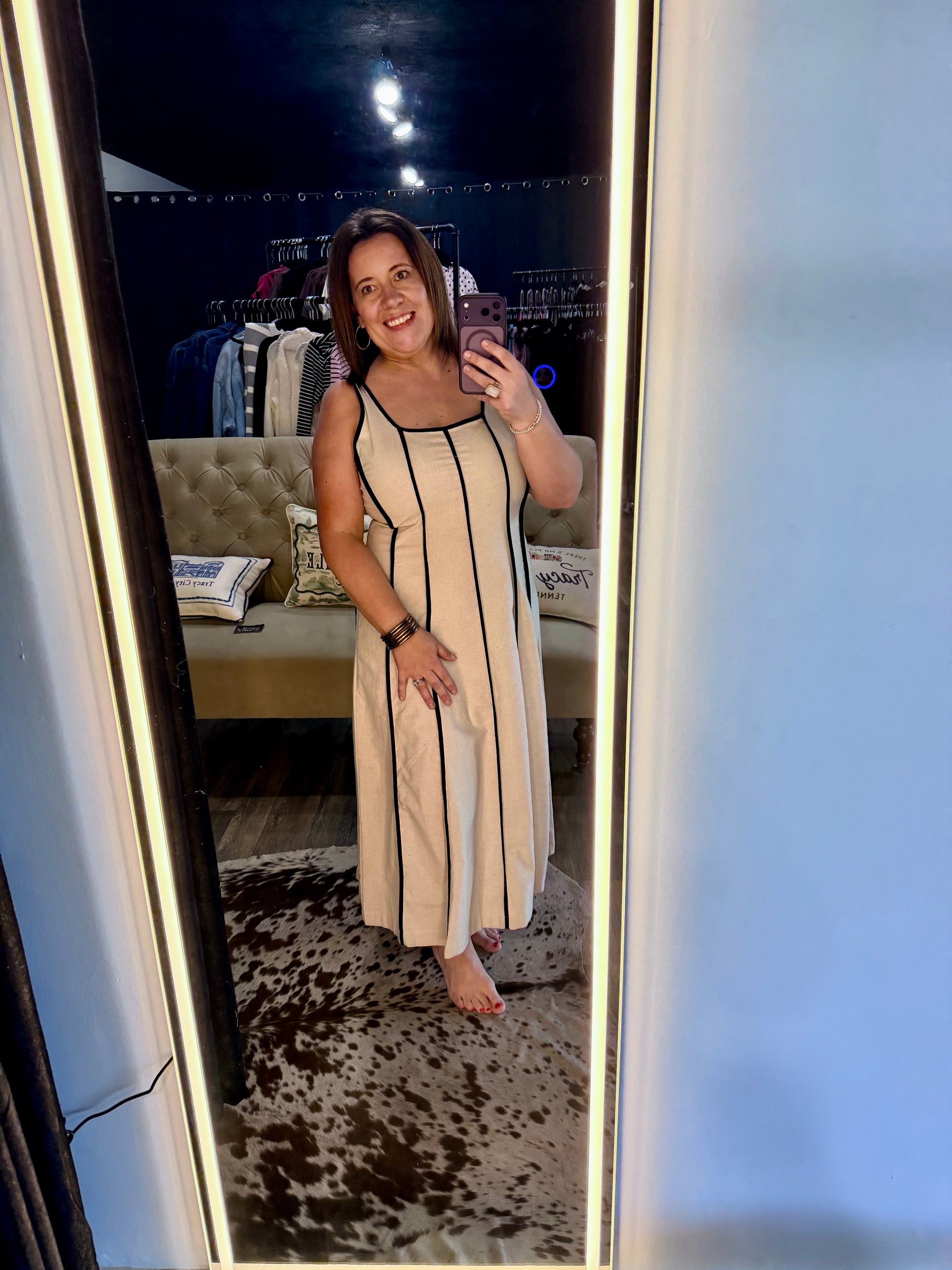 Linen and black stripe dress midi