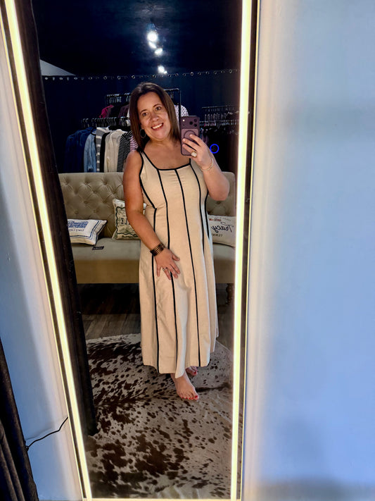 Linen and black stripe dress midi