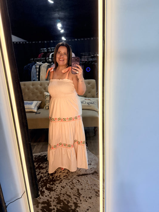 Peach smocked maxi dress with tie straps