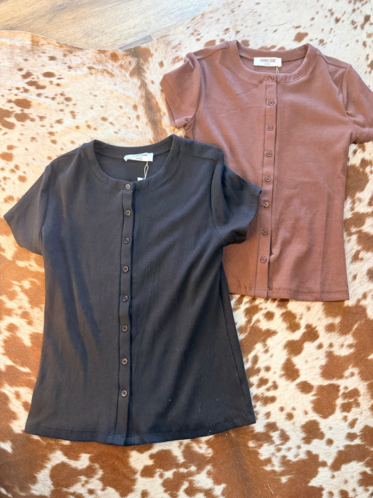 Ribbed Button-front Crew Neck Top