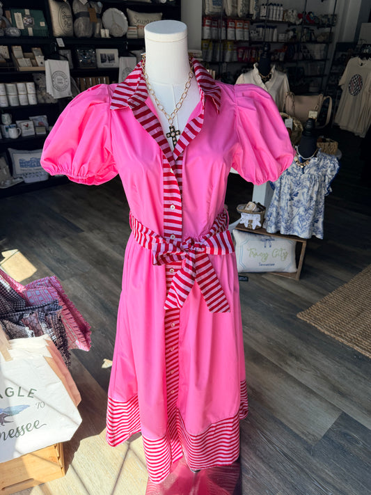 Pink and red collared dress with front tie