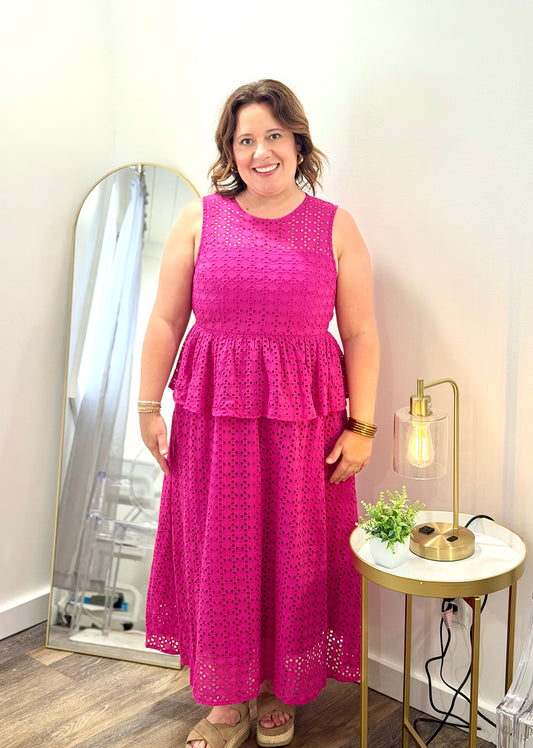 Women's fuschia eyelet midi dress with ruffle