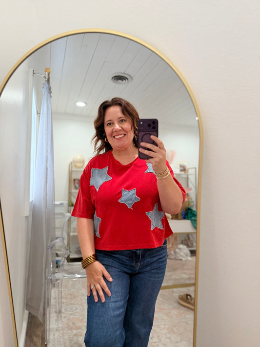Red cropped top with blue stars for 4th of July