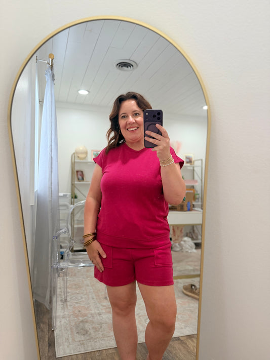 Fuchsia french terry shorts set w pockets