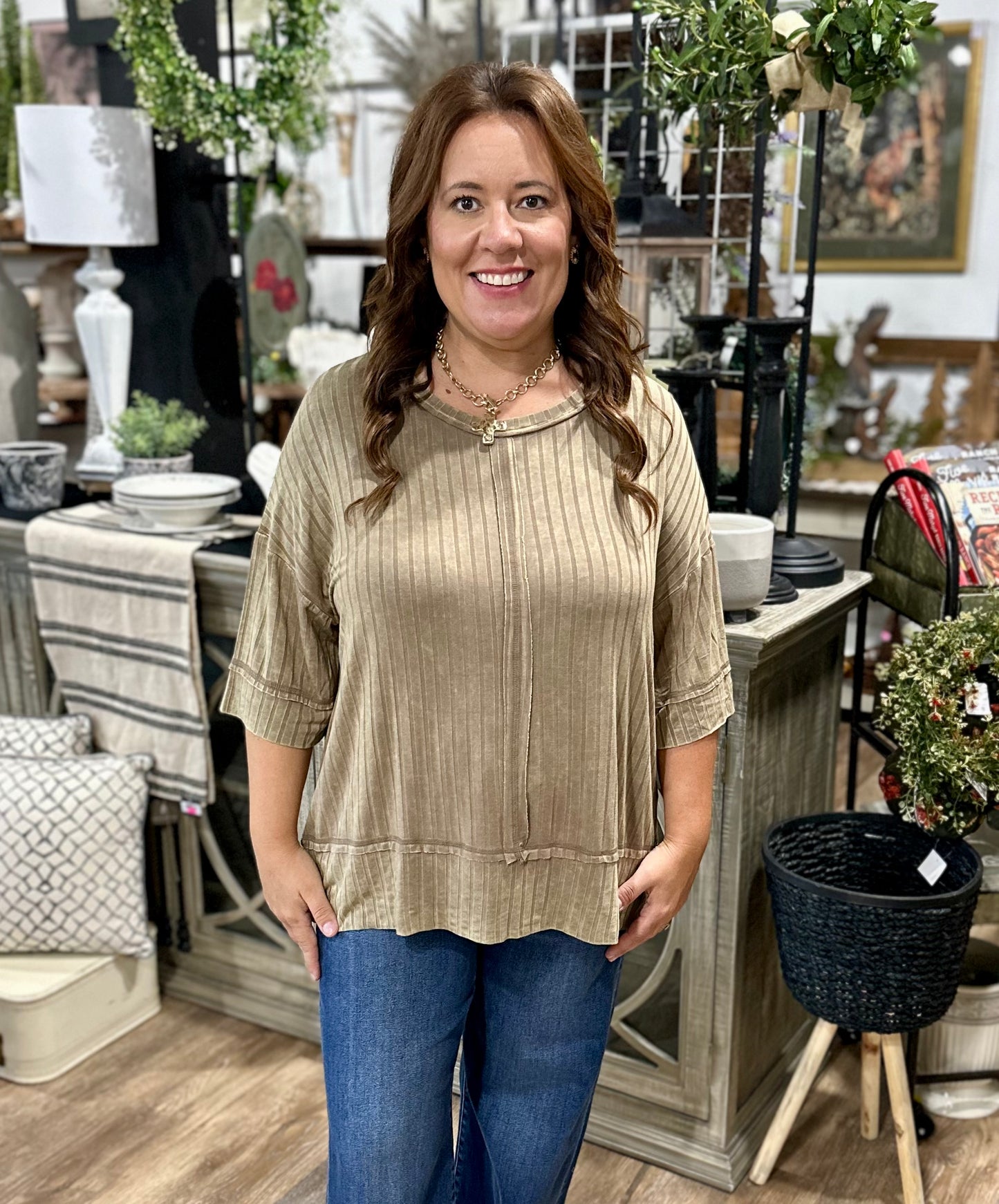 Ribbed Drop Shoulder Half Sleeve Boat-neck Top