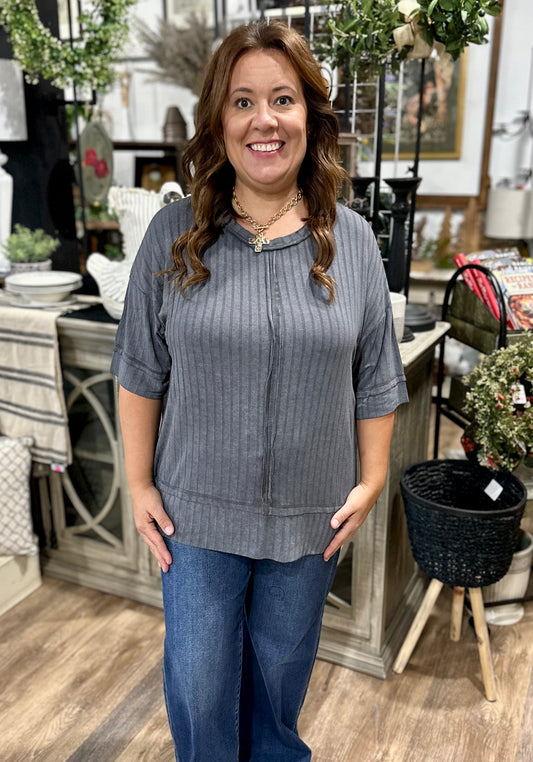 Ribbed Drop Shoulder Half Sleeve Boat-neck Top