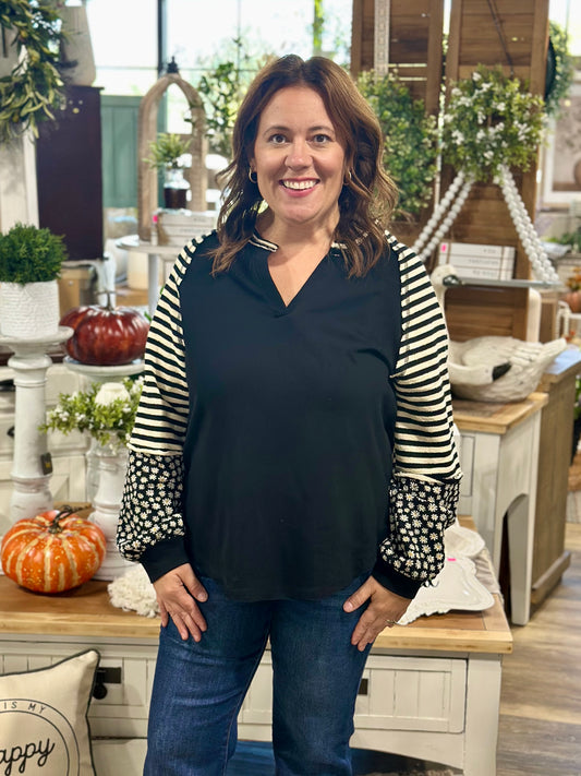 Oversized Floral & Stripe Casual Knit Top