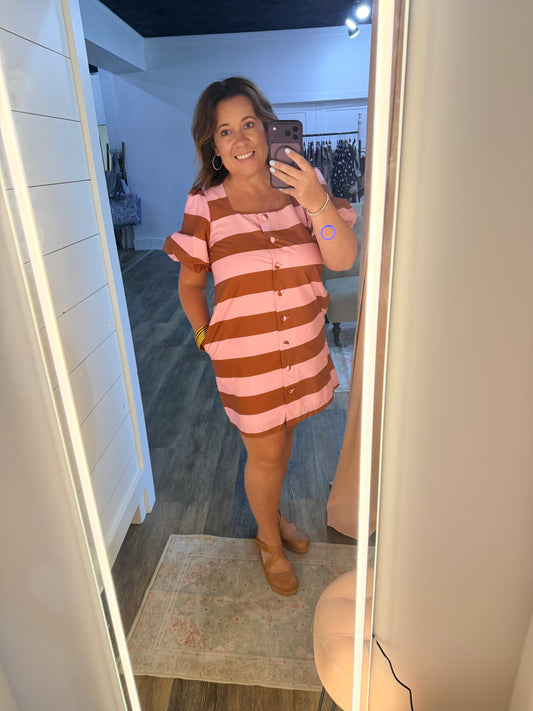 pink and brown dress, short, puff sleeve, stripe