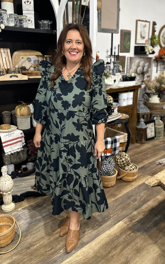 green and black floral dress
