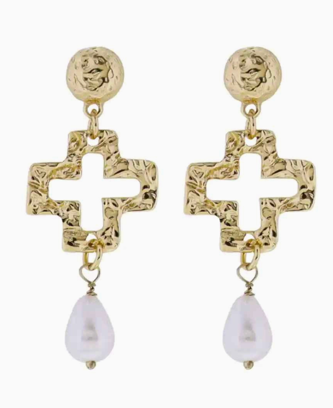 Gold Hammered Cross Earring with Pearl Charm