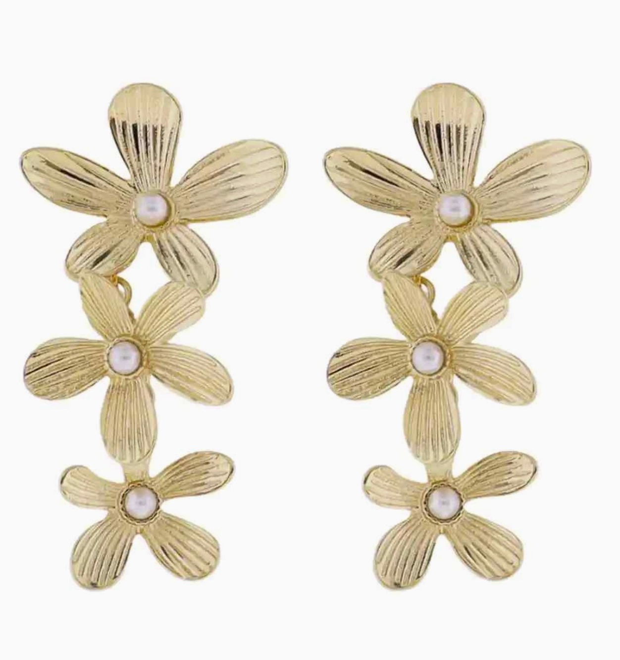 Gold Descending Flowers Earring with Pearl Centers