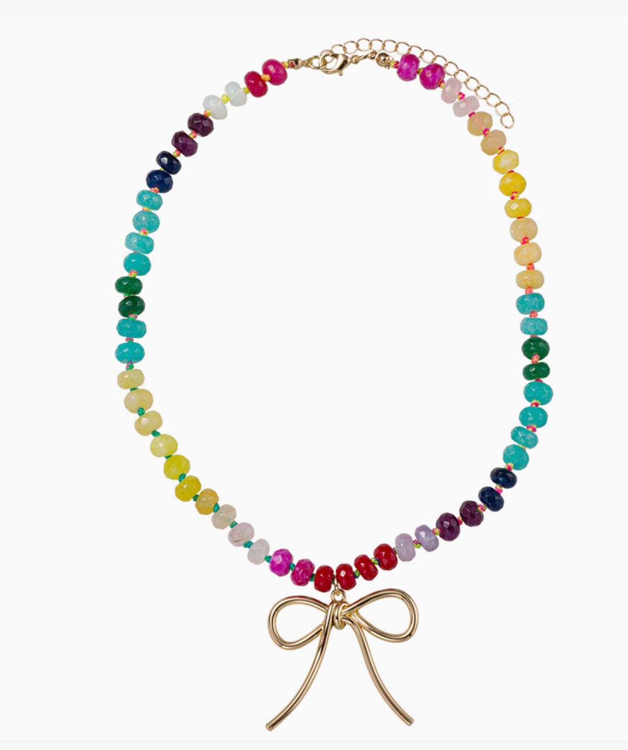Multi Handknotted Beaded Necklace with Gold Bow