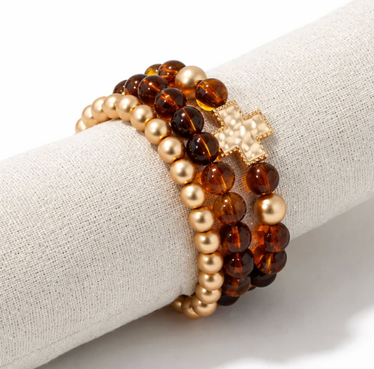 Gold/Brown Cross Bracelet Set
